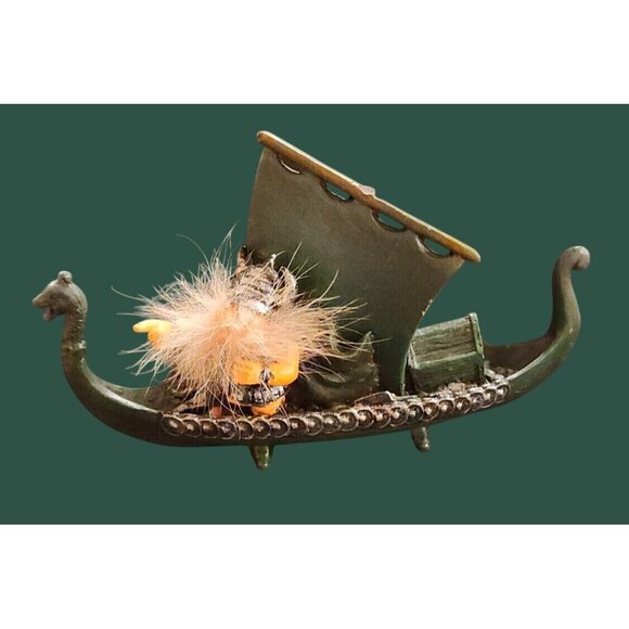 Viking-Themed Collectible Figurine With Dragon Longboat & Furry Viking Warrior - Picture 2 of 14